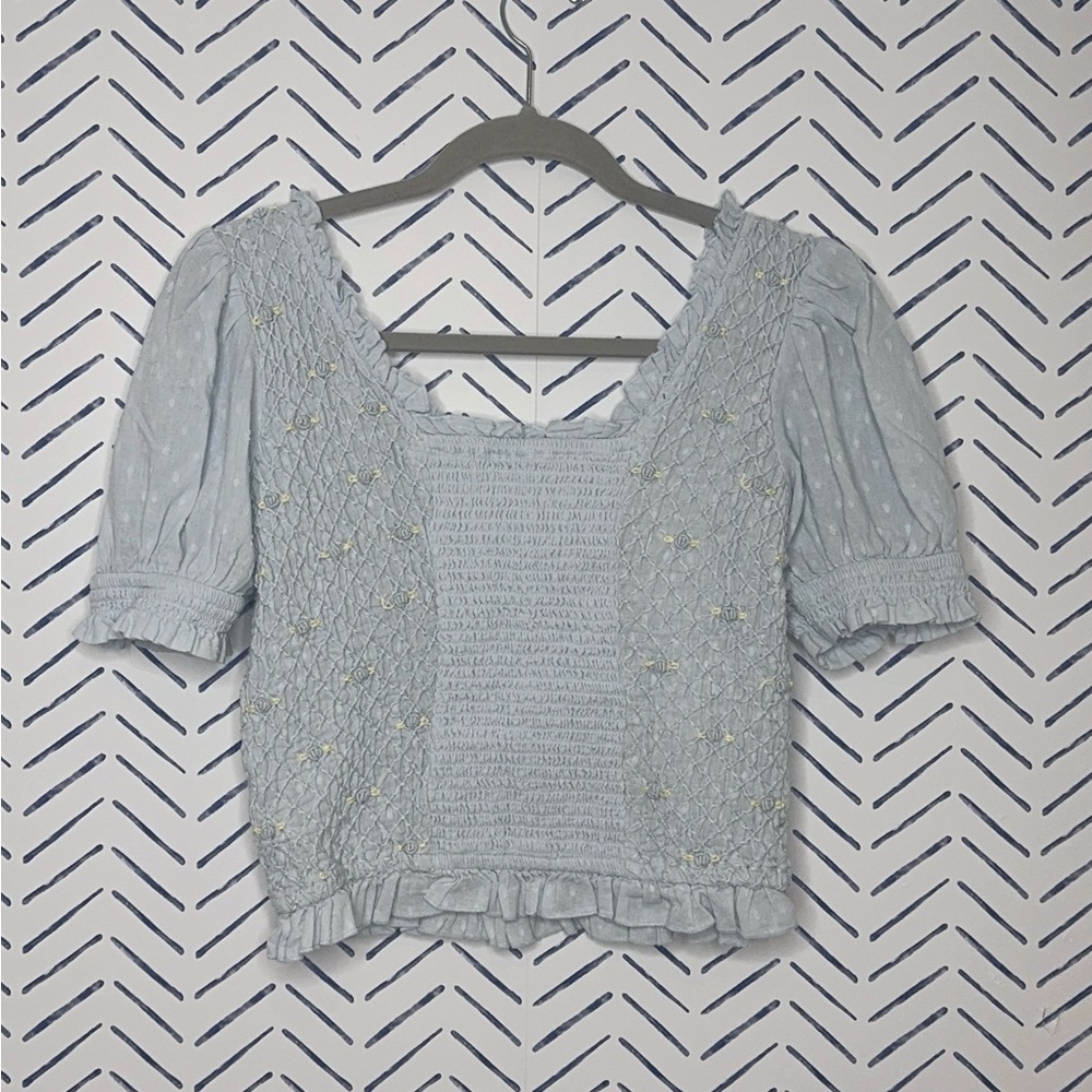 Free People Cecelia Puff Sleeve Smocked embroidered Rosette Top S light blue - Picture 2 of 6